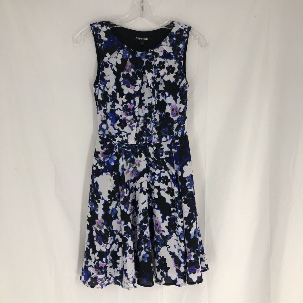 Express Fit & Flare Skater Minidress 0 Black Blue Floral Pleated Neck